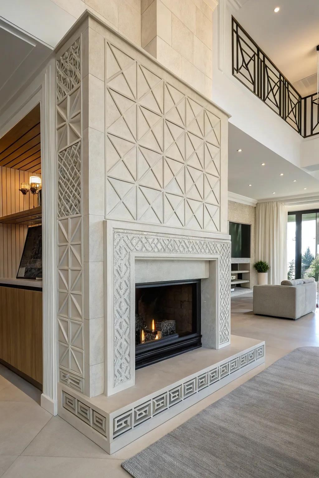Geometric blueprints bestow a modern flair onto a drywall fireplace.