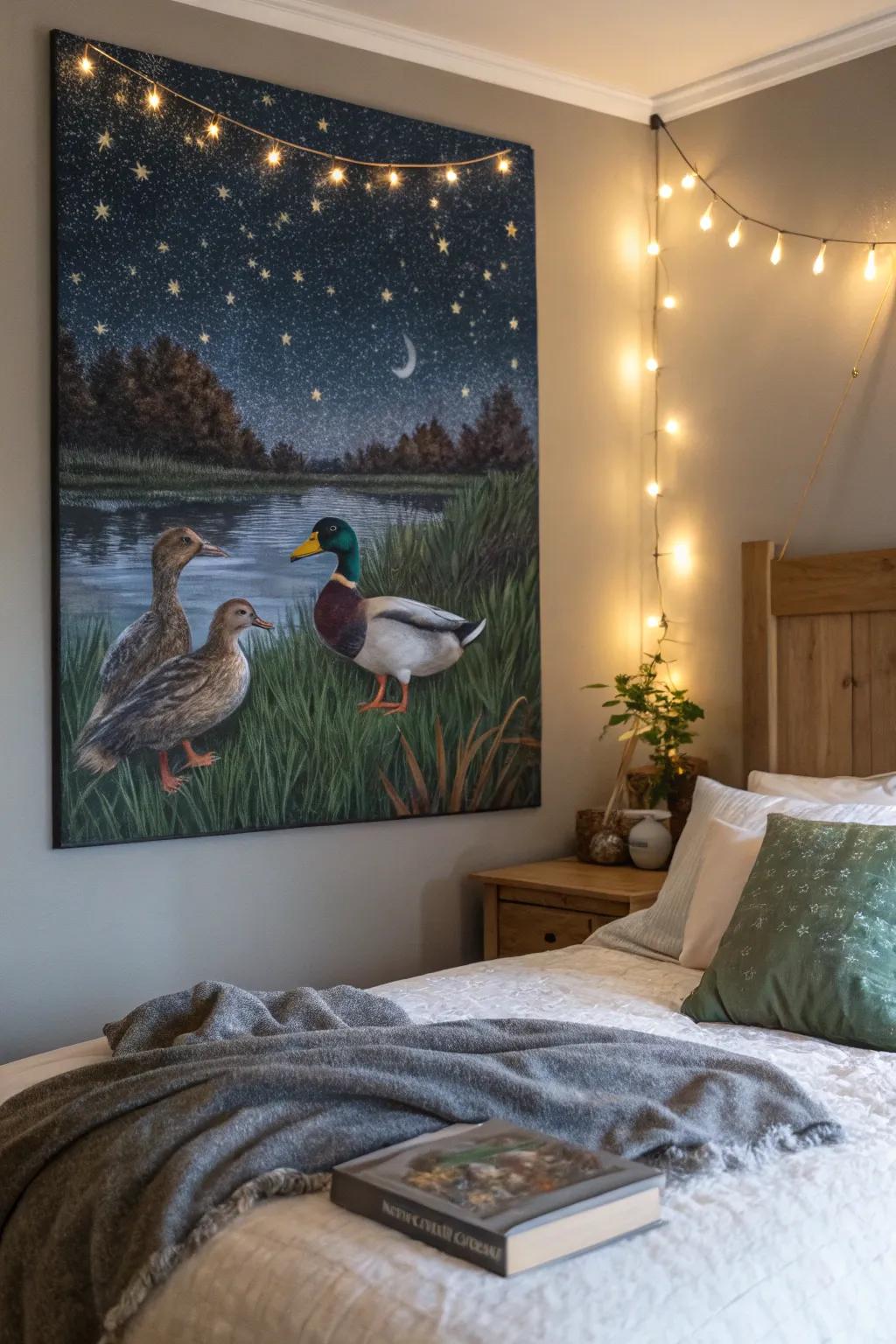Birds under night illumination fashion a magical, dreamy ambiance.