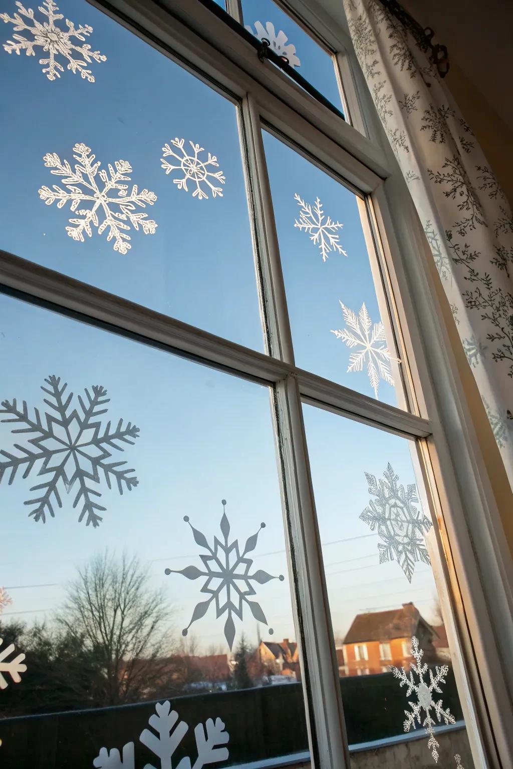 Delicate snow crystals fashioning a placid wintry scene