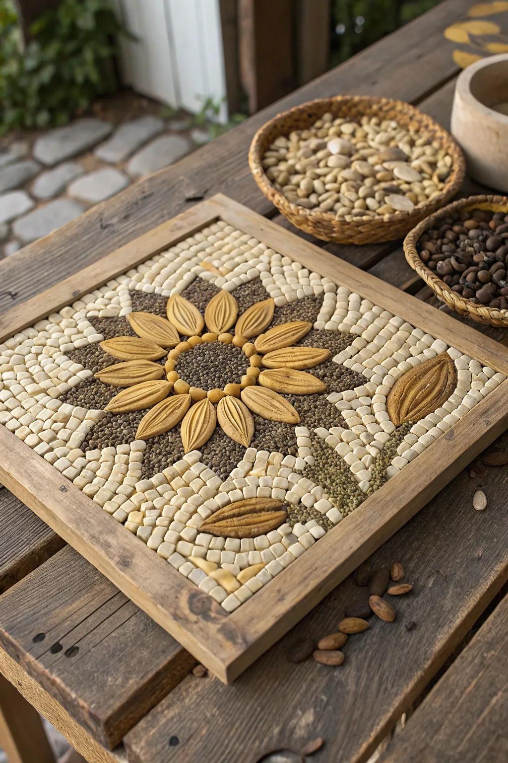 Sunflower seed mosaic for a natural touch.