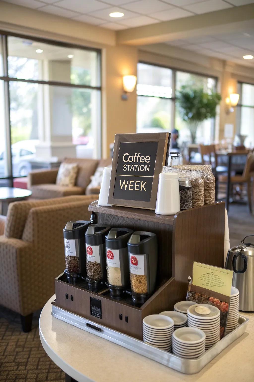 A caffeine station offering a fresh blend each week.