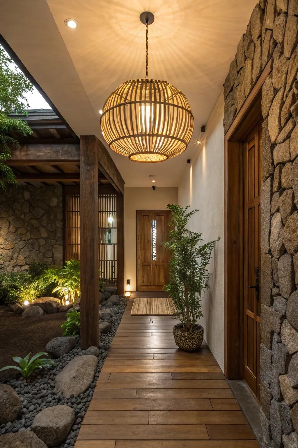 An entryway spotlighting a bamboo light fixture, which fosters an earthy and warm ambiance.