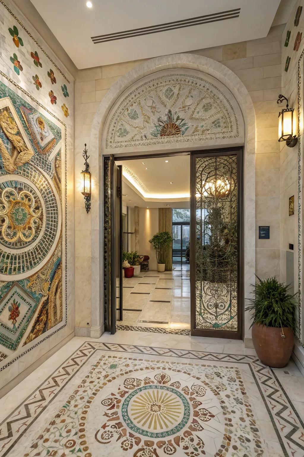 Mosaic floor coverings craft a unique artistic statement.