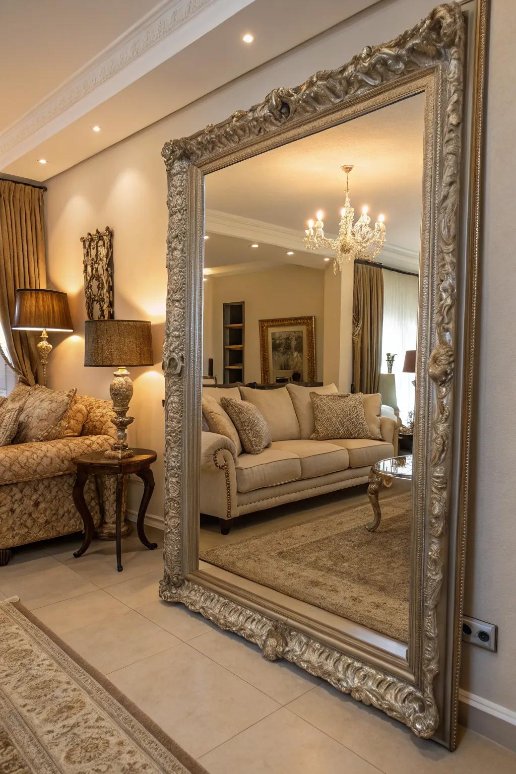 A striking mirror introduces depth and elegance to this European-inspired living area.