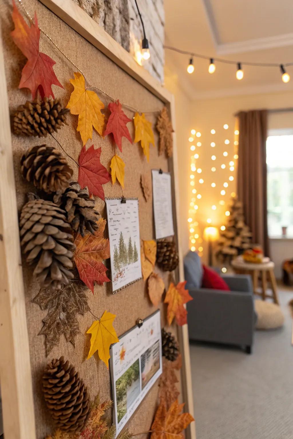 Natural surfaces like cones add depth to this autumnal display board.