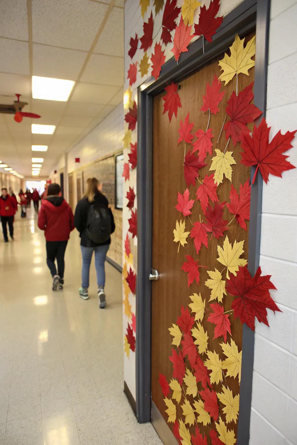 Doorway featuring red maple leaves with vibrant seasonal colors.
