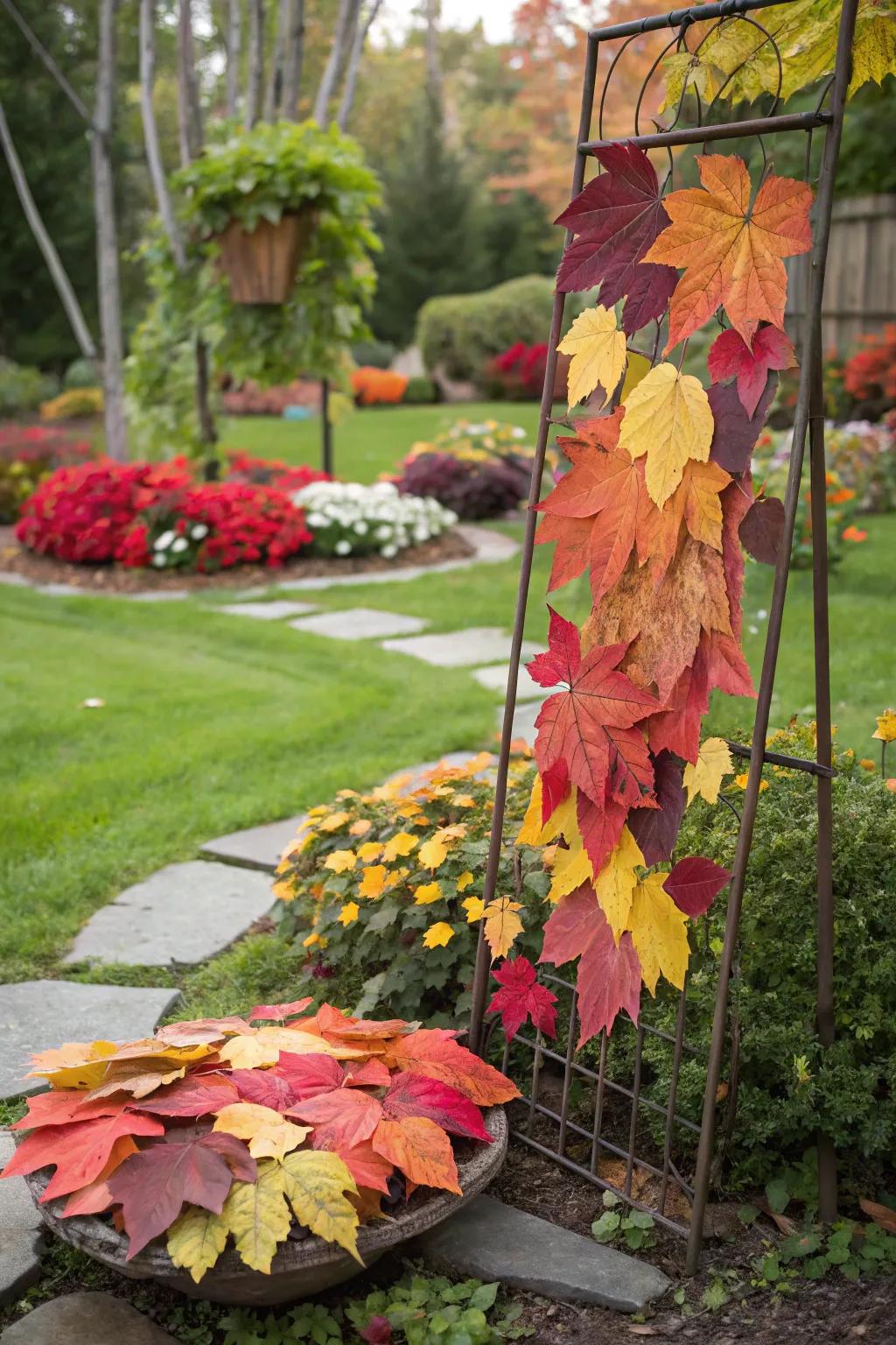 Craft artistic displays using vibrant fallen leaves.