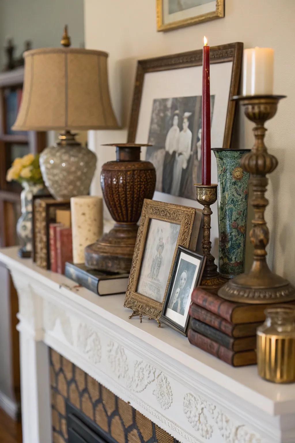 An autumnal fireplace with an eclectic amalgamation of decor.