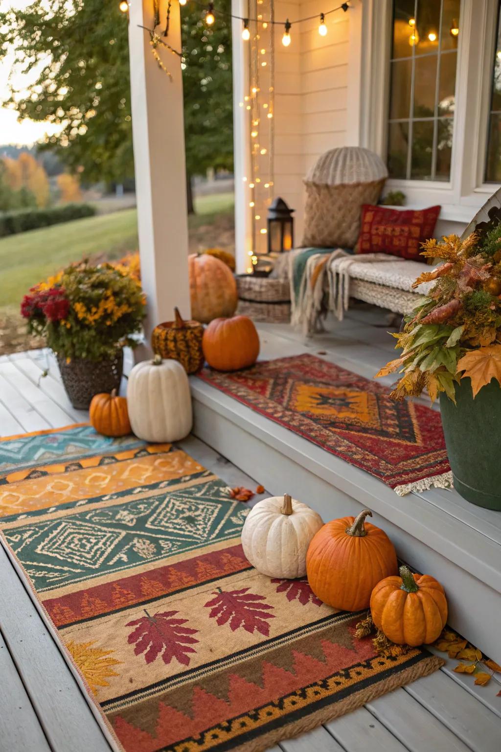 Tiered carpets append depth and coziness to the autumnal veranda aesthetic.