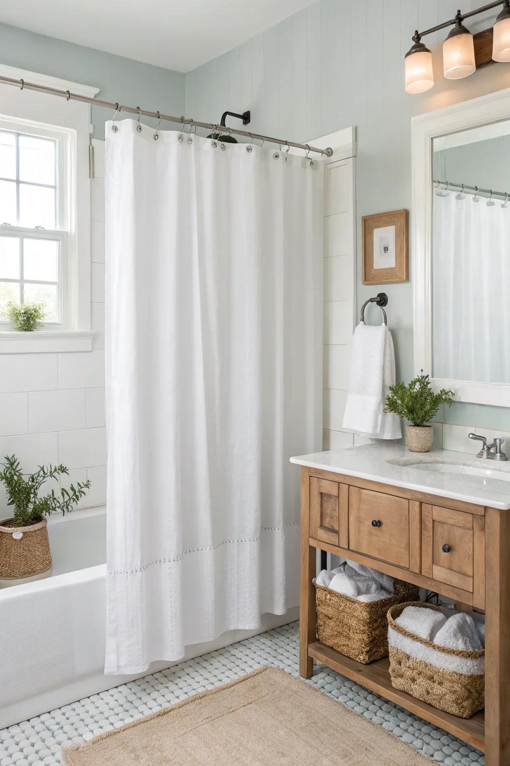 A bright lavatory with a delicate snowy shower drape and minimalist decor.