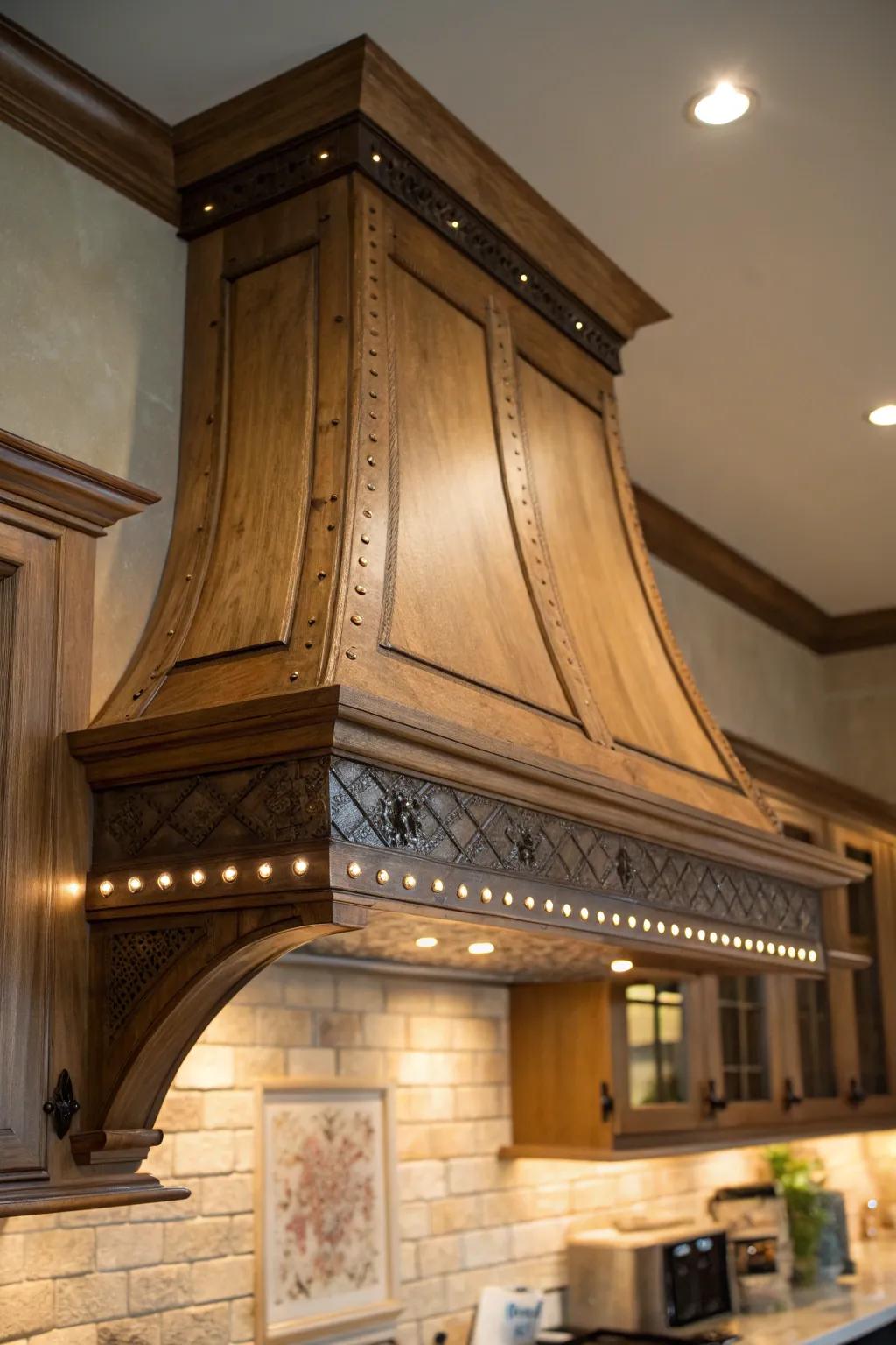 Accent lighting highlights the features of a timber vent hood.