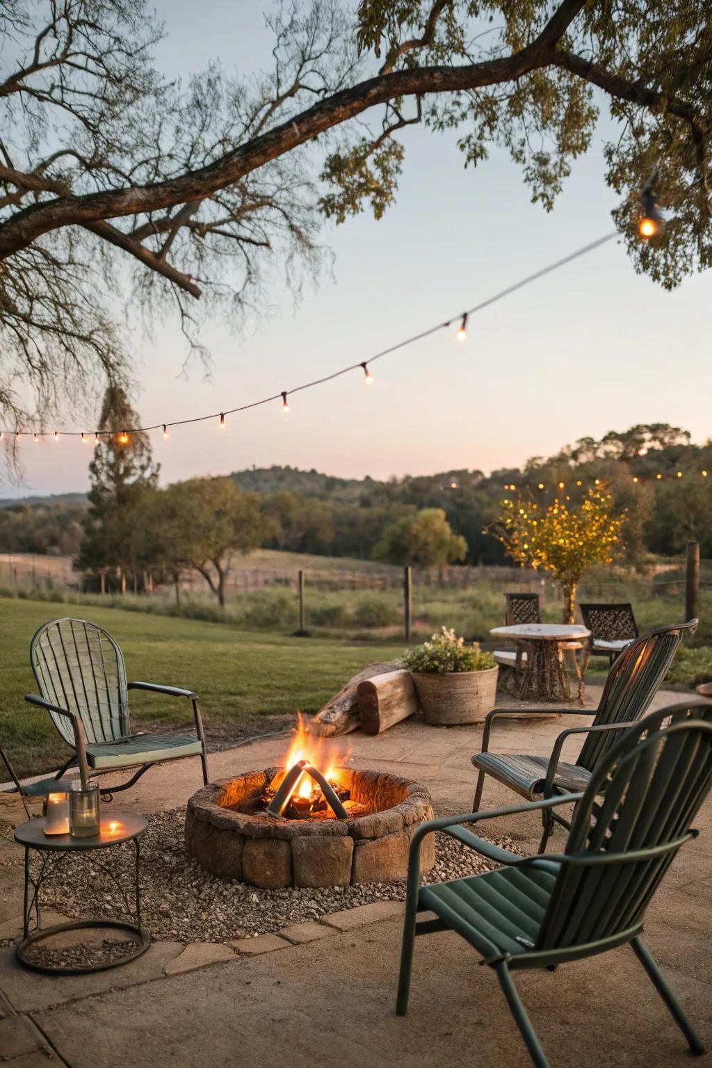 Retro metal seats add a nostalgic element to the fire pit space.