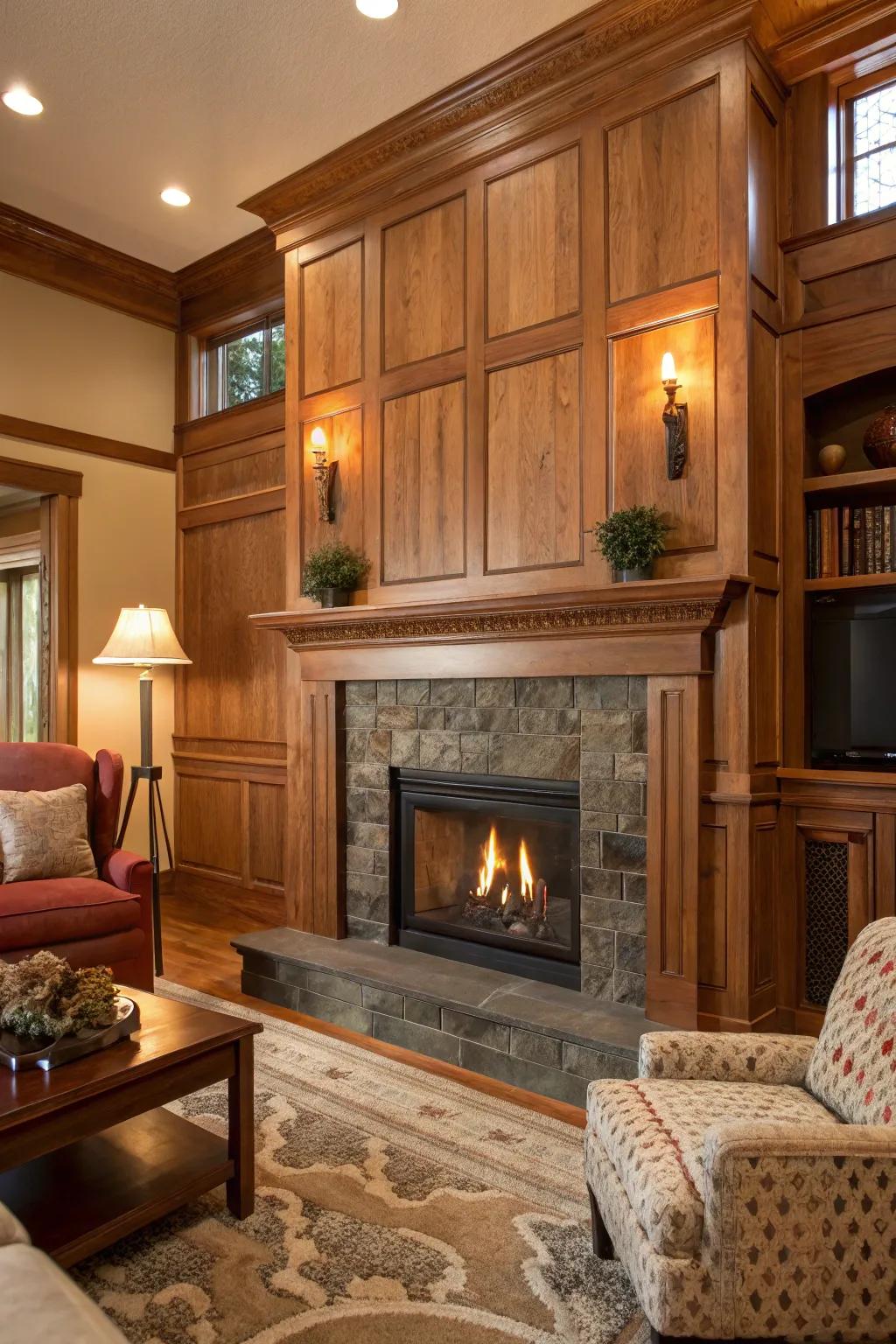 Blended timber tones introduce warmth and dimension to the fireplace.