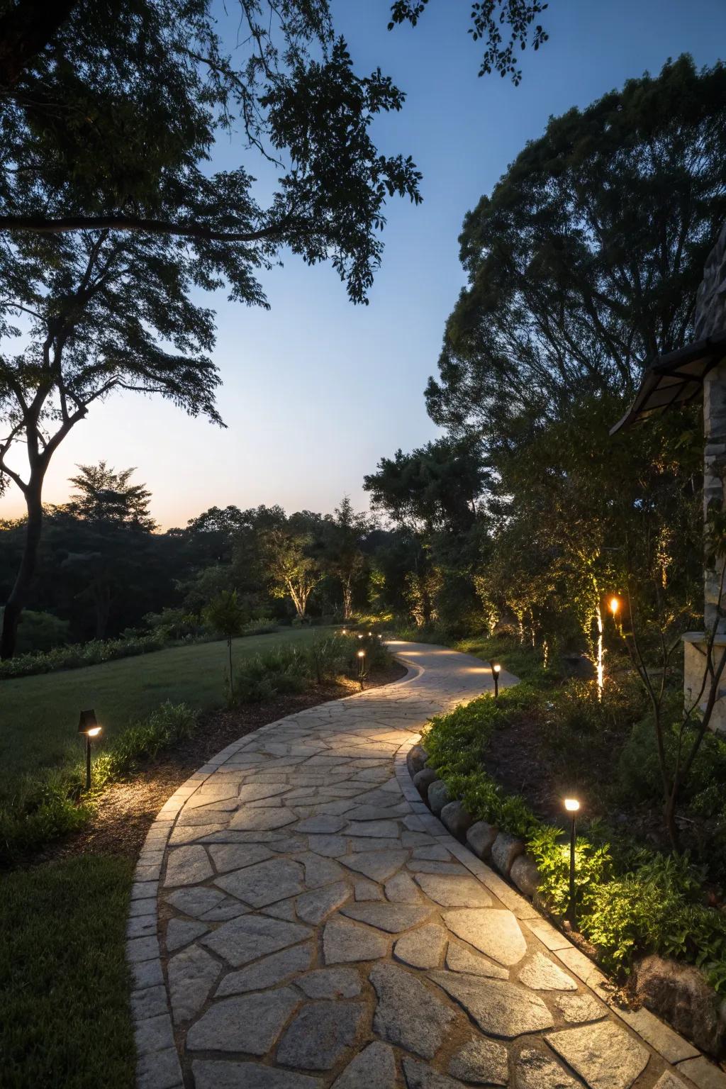 A stone path beautifully illuminated for enchanting evening walks.