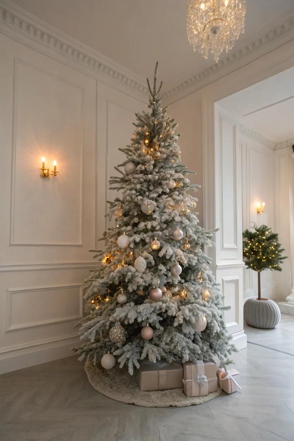 A refined simplicity-themed flocked Christmas tree.