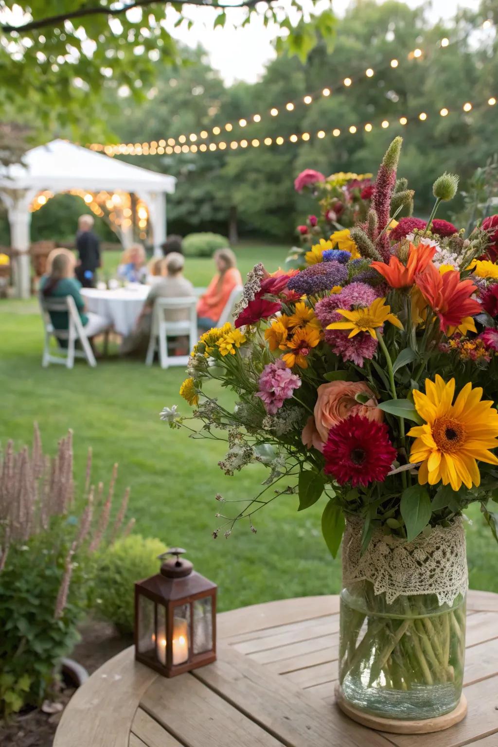 A garden festivity arrangement contributing festive cheer to an outdoor space.