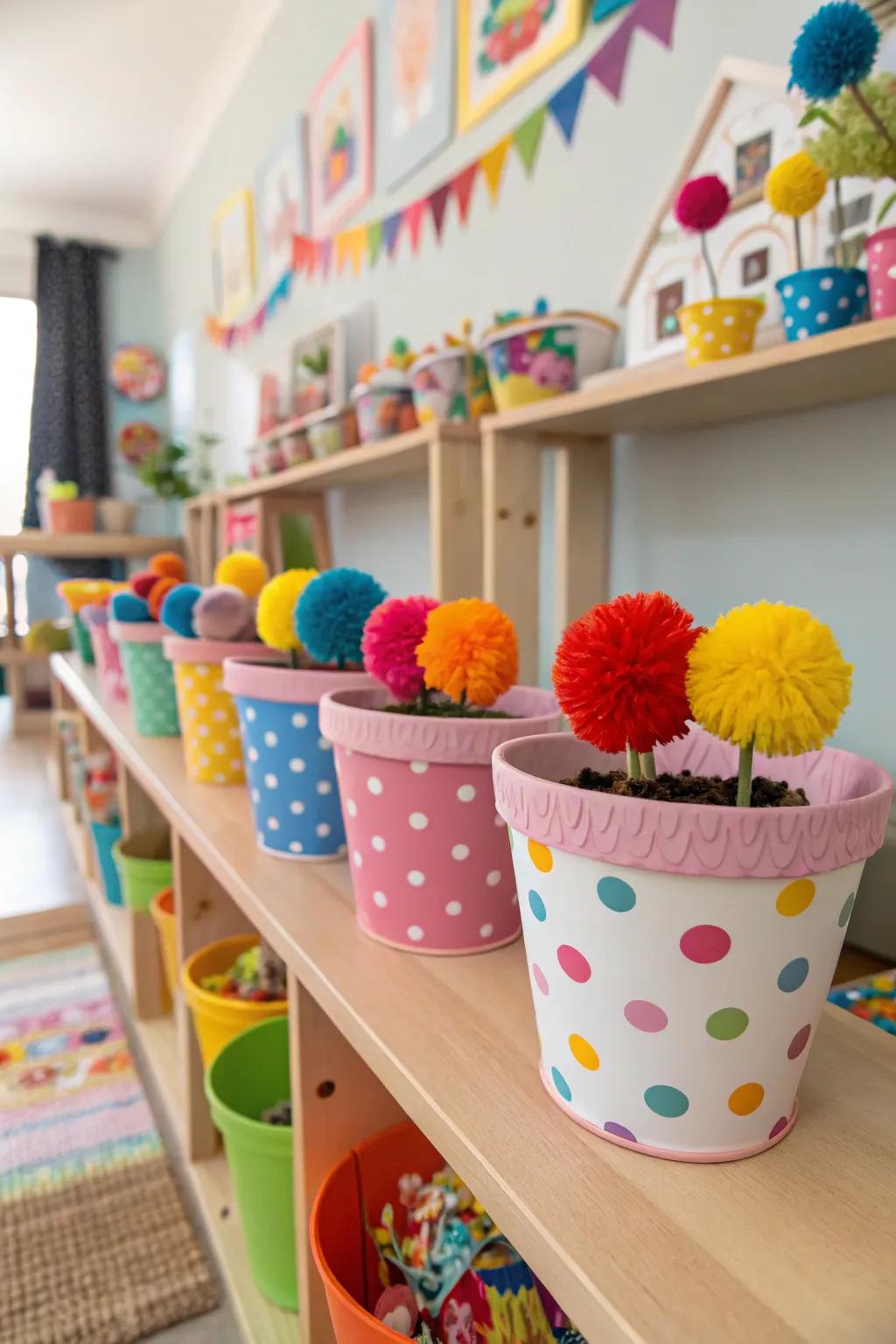 Bring playful joy using fluff ball accented plant pots.