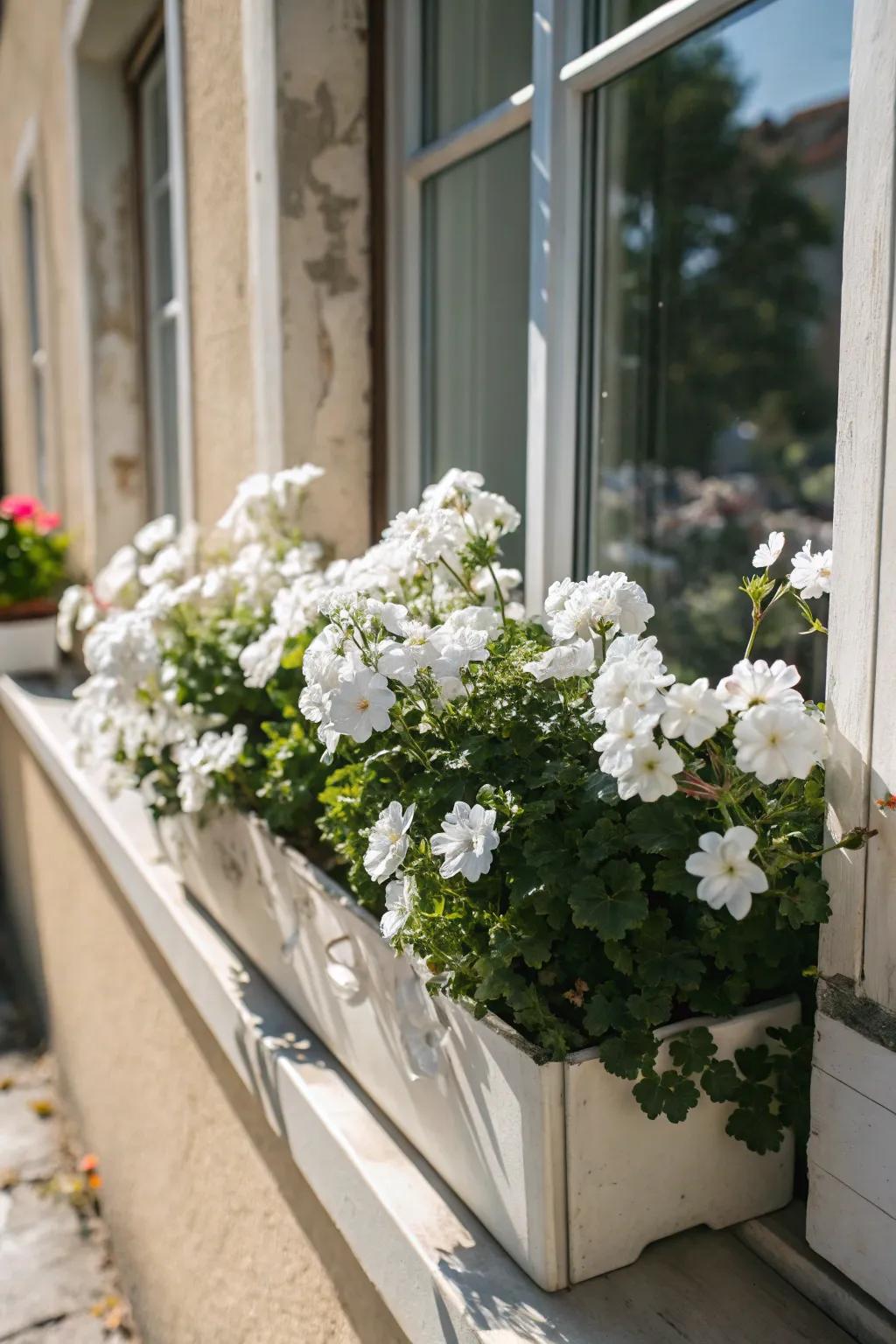 Ivory blooms inside a casement box incorporating curb appeal.