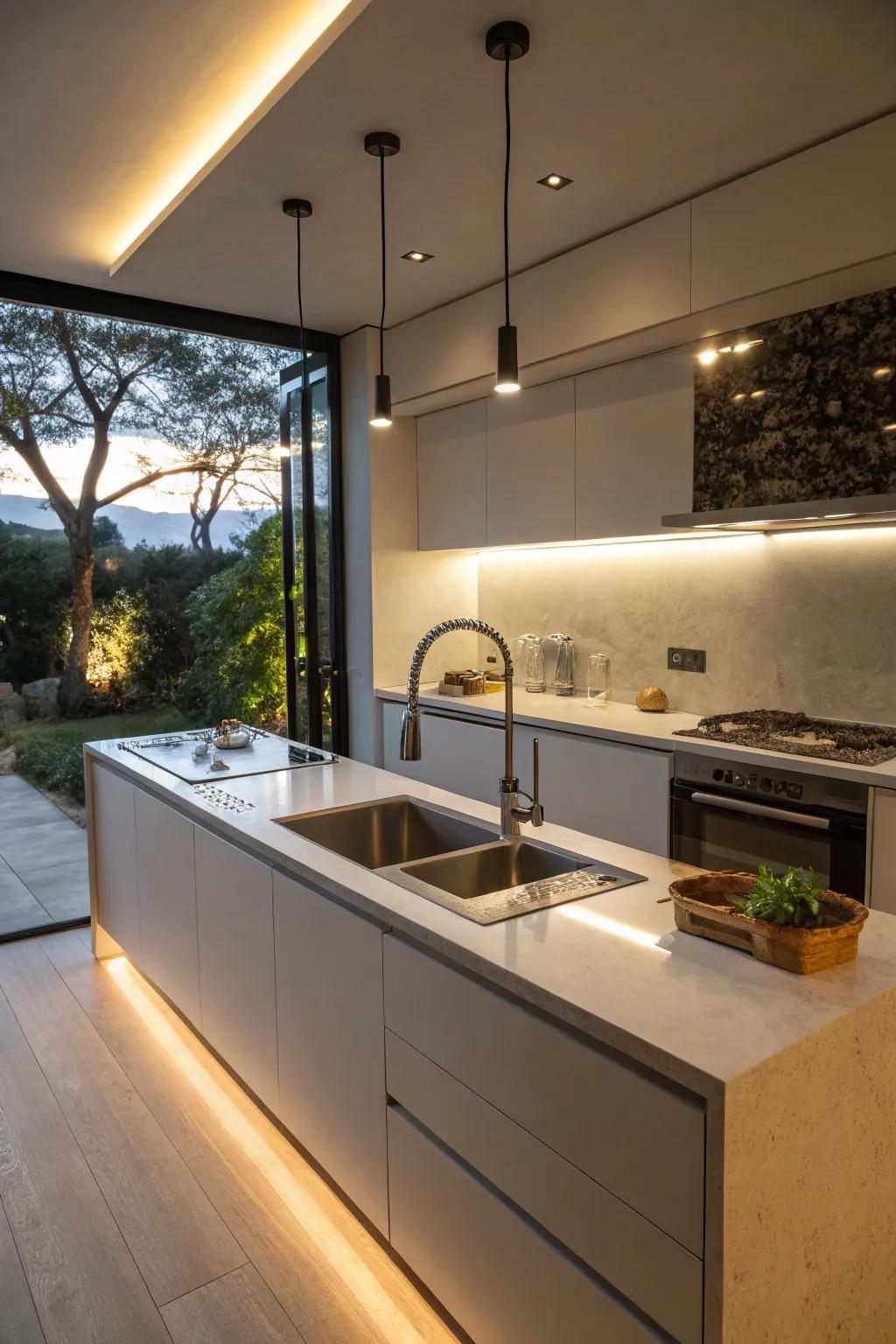 A modern kitchen area with stylish lighting enhancing a independent sink.
