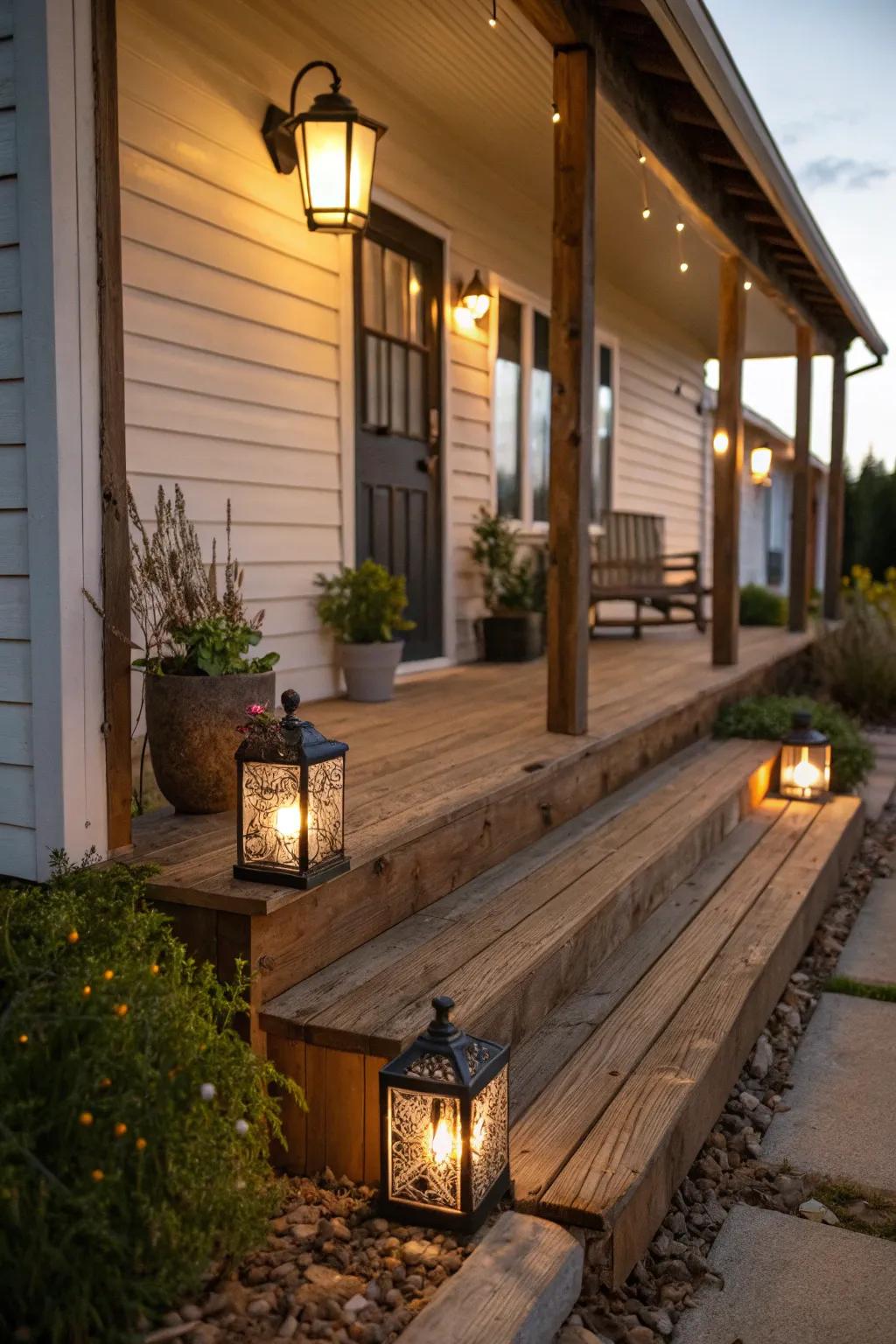 Eco-conscious lights with upcycled lumber improve this porch's sustainability.