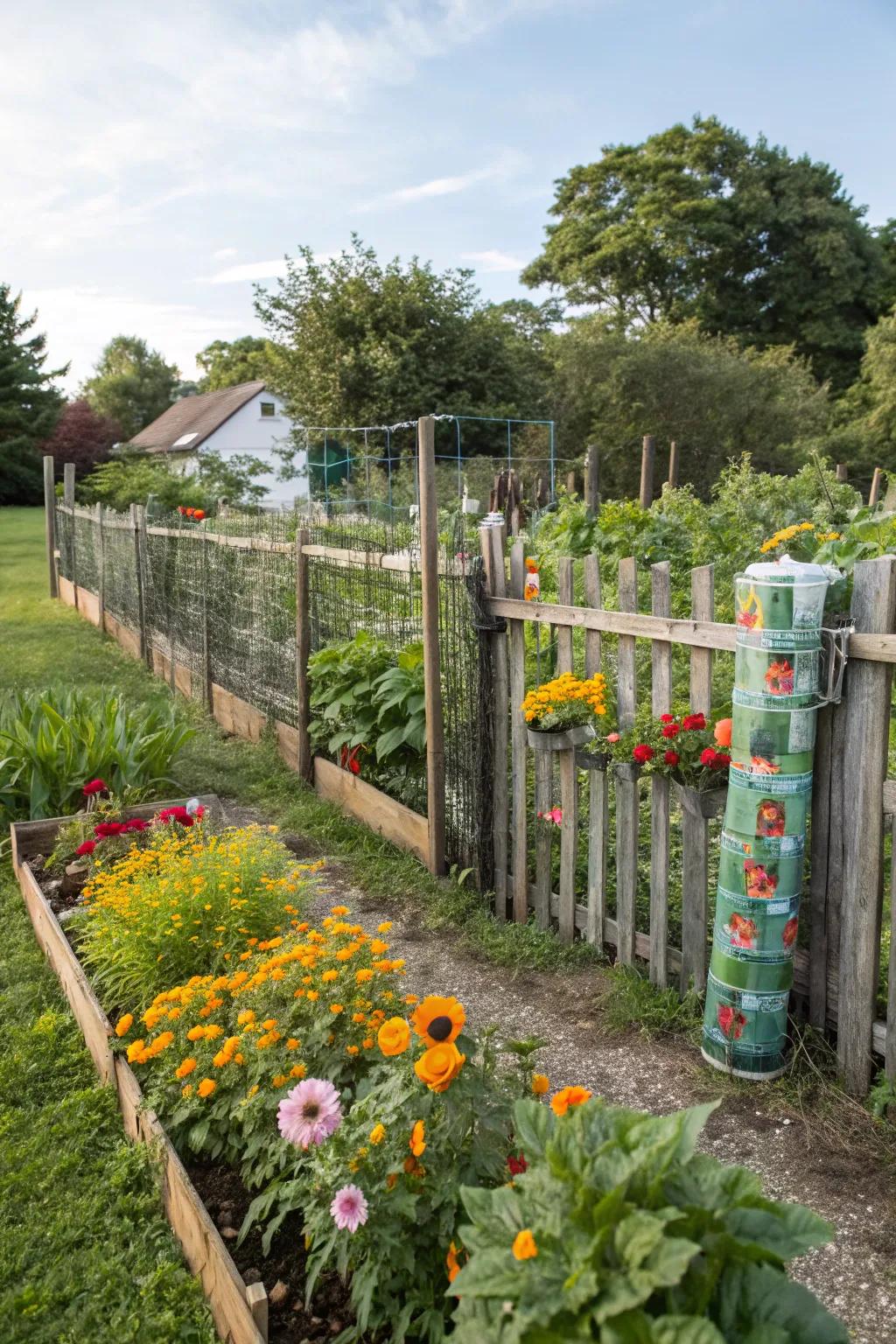 A barrier made from repurposed materials adds sustainable charm to the garden.