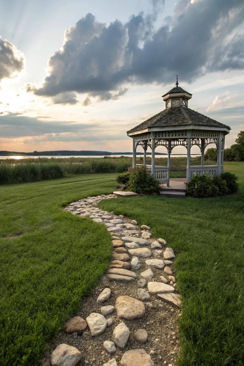 Stream stone paths introduce movement and natural beauty to gazebo floors.