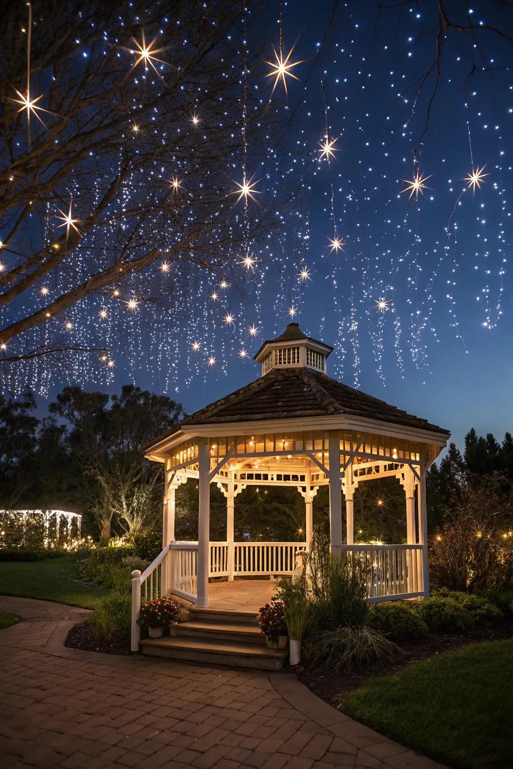 Optic fiber lights morph your gazebo into a celestial escape.