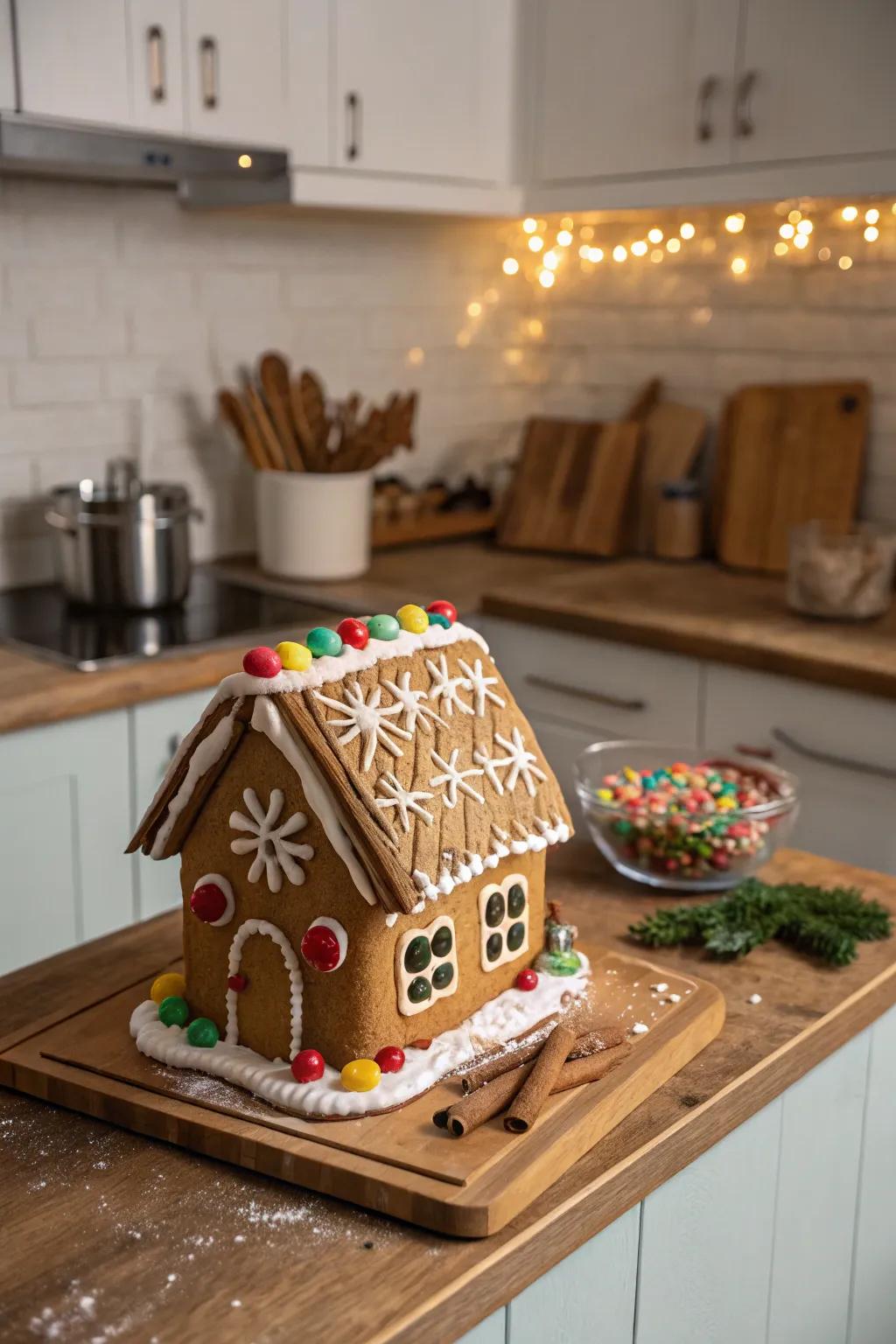 A gingerbread peak featuring rustic natural bark sticks.