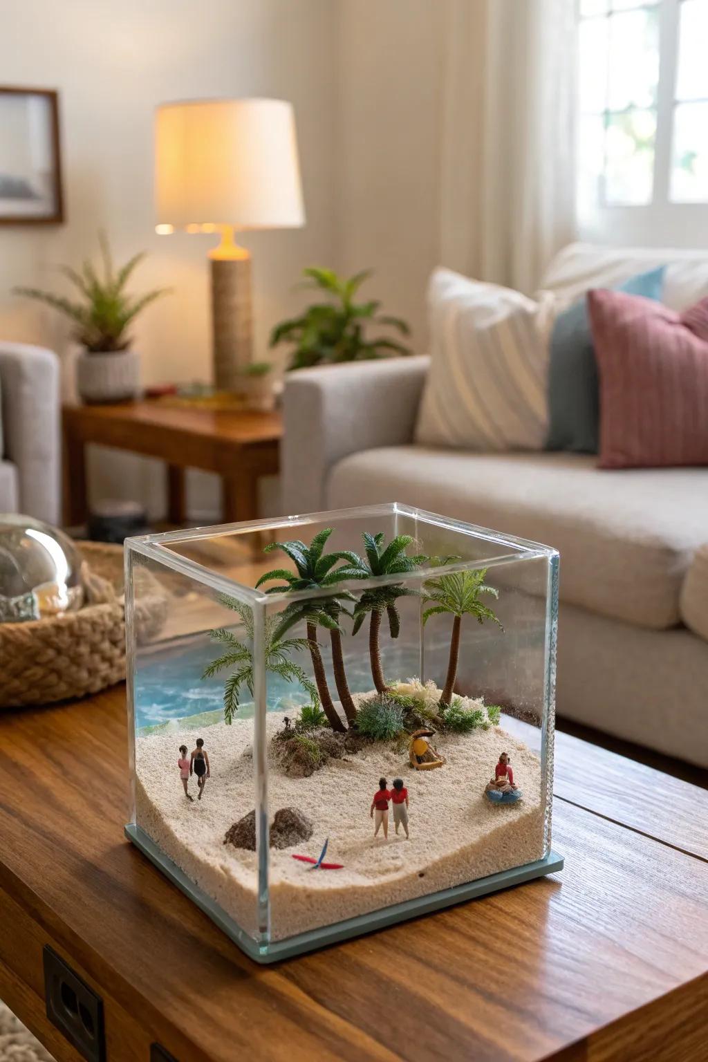 A creative beach diorama encased within a transparent cube.