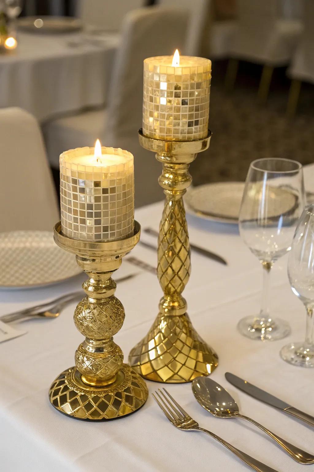 Dazzling gilded mosaic radiance vessels offering a warm glow.