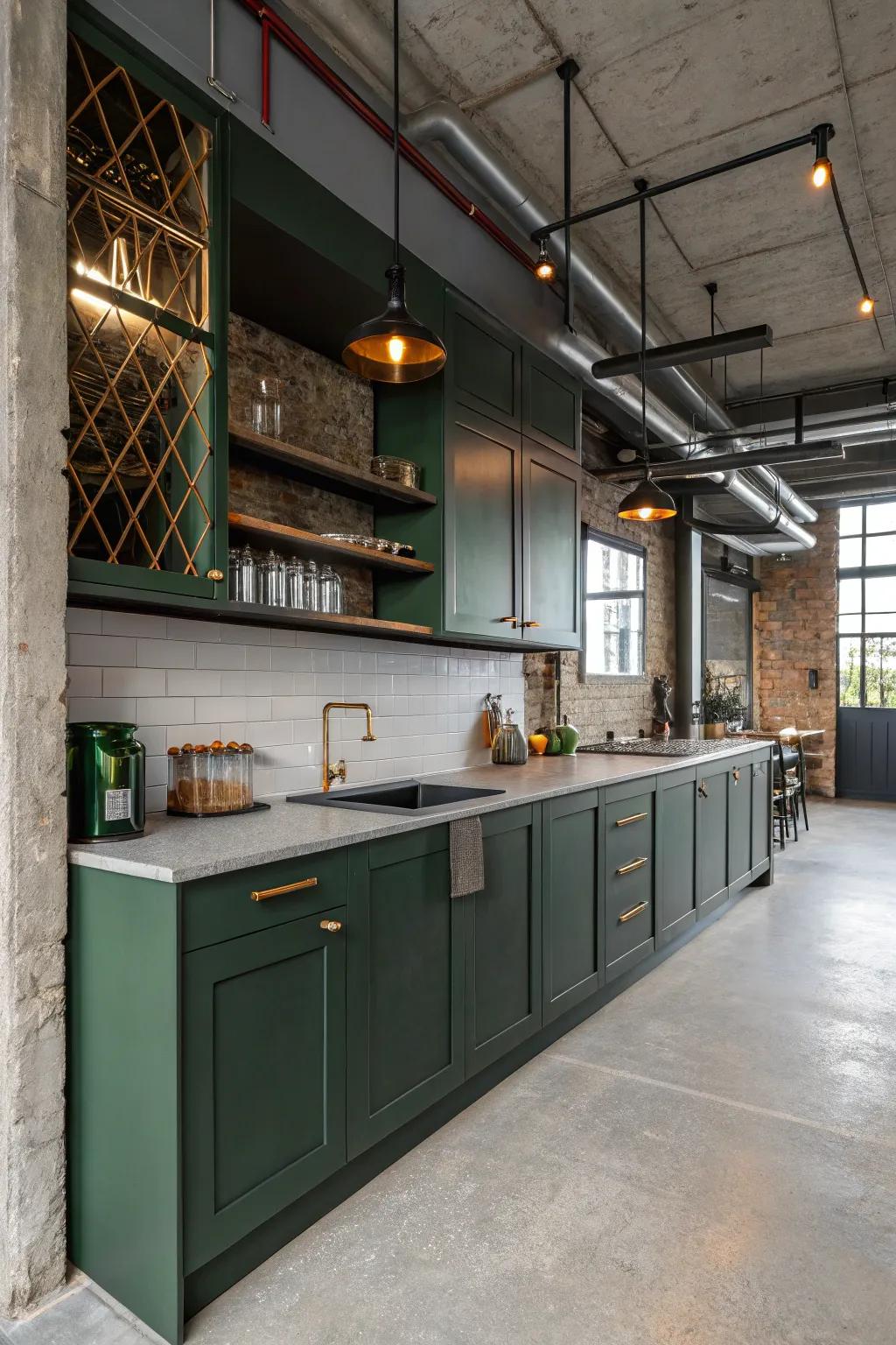 Factory kitchen featuring dark green cabinets and edgy metal details.