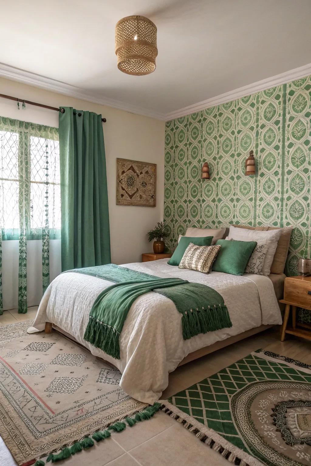 A stylish bedroom with green patterns and textures creating visual interest.