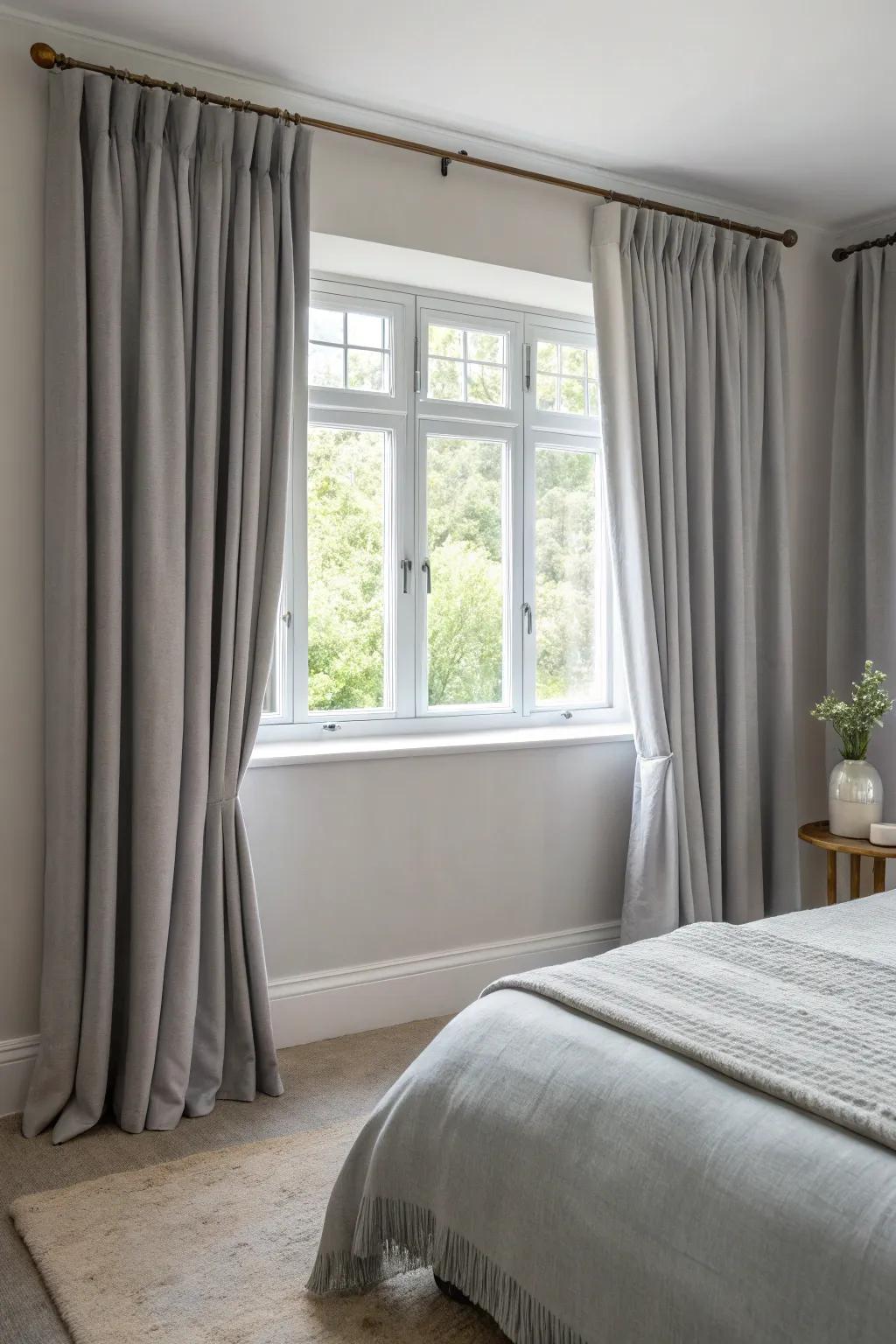 Grey window dressings create a seamless aesthetic.