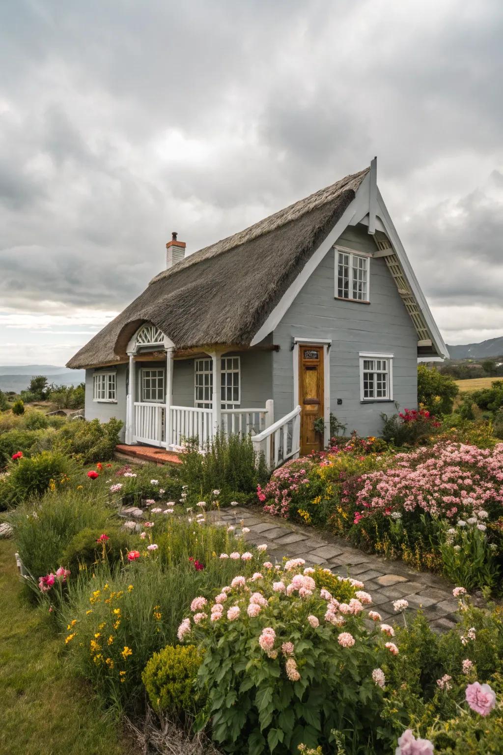 Quaint cottage appeal through silver and white.