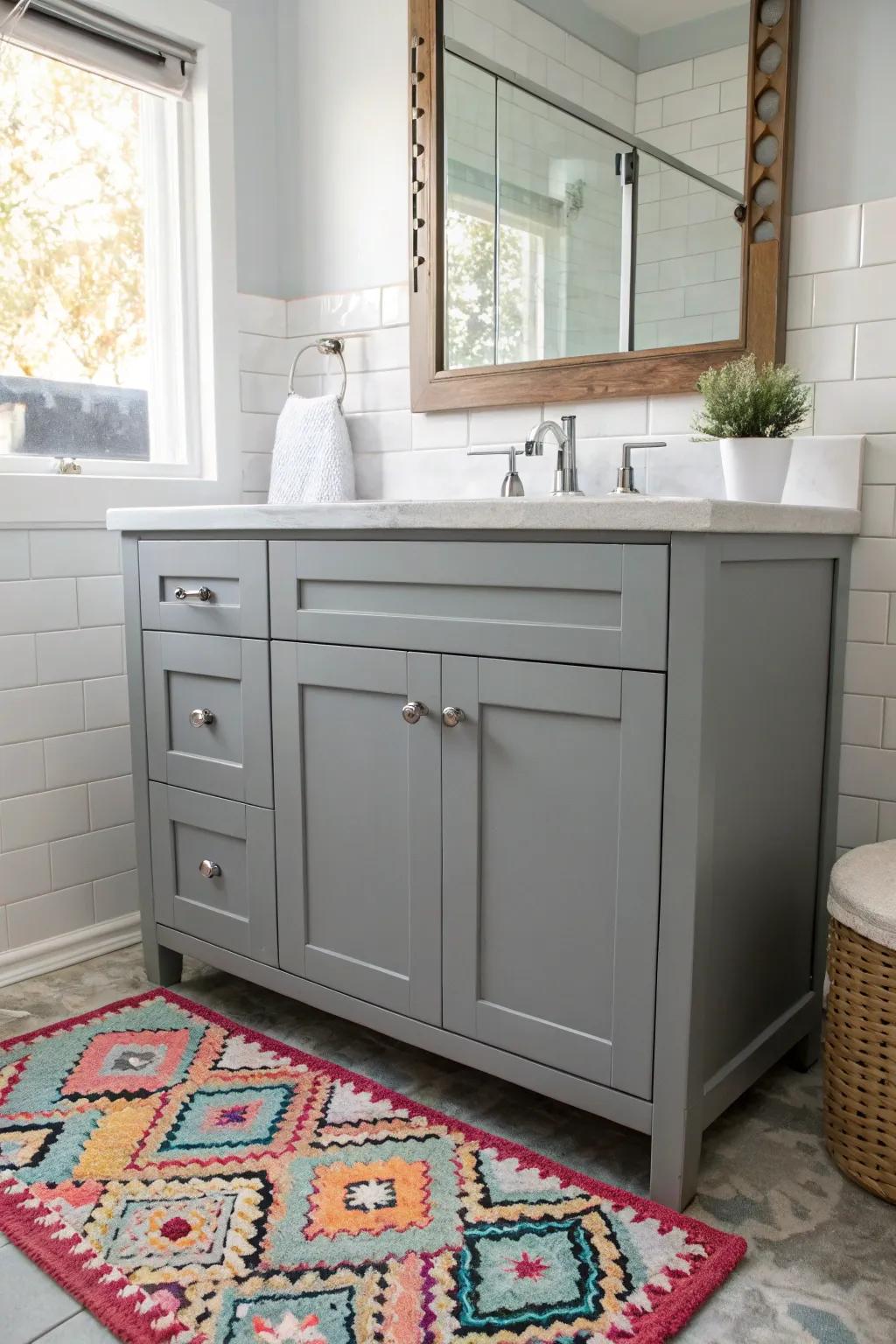A vibrant carpet appends warmth and disposition to the charcoal washstand restroom.