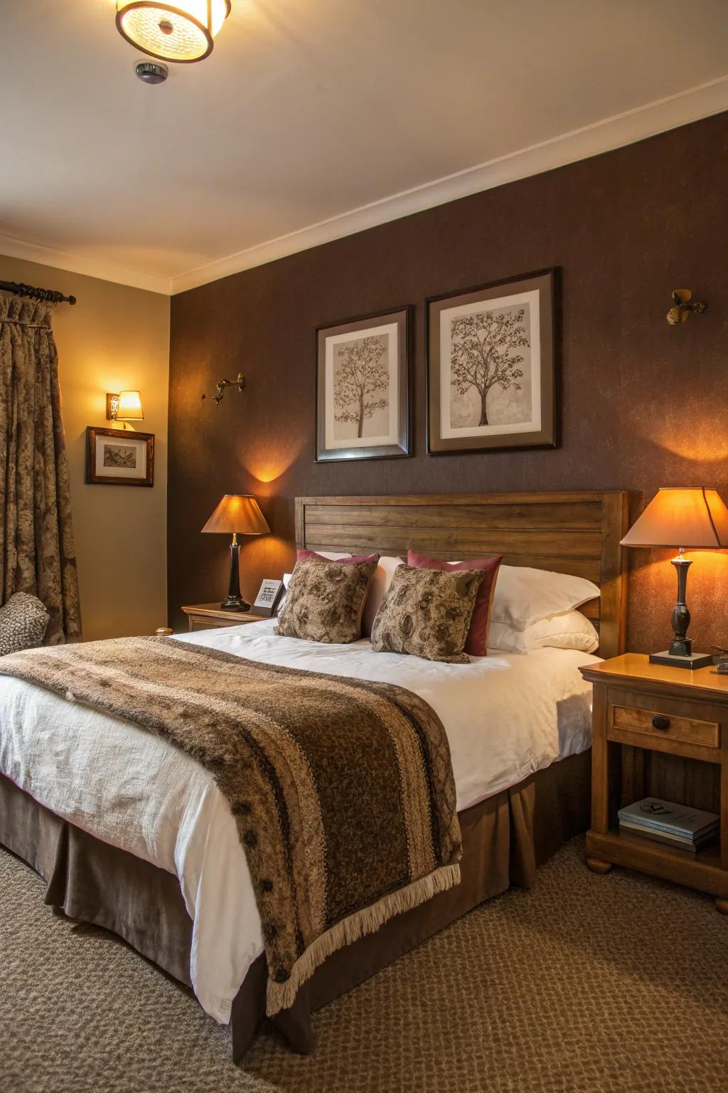 A cozy guest room featuring warm chocolate brown walls.