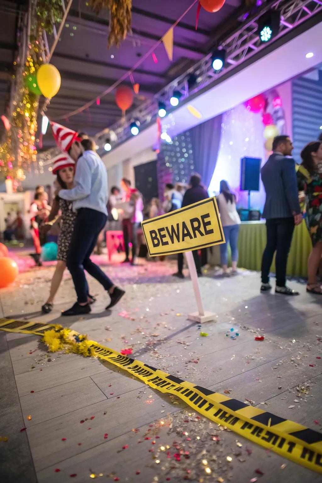 'Caution' placards guide visitors across a haunted arrangement