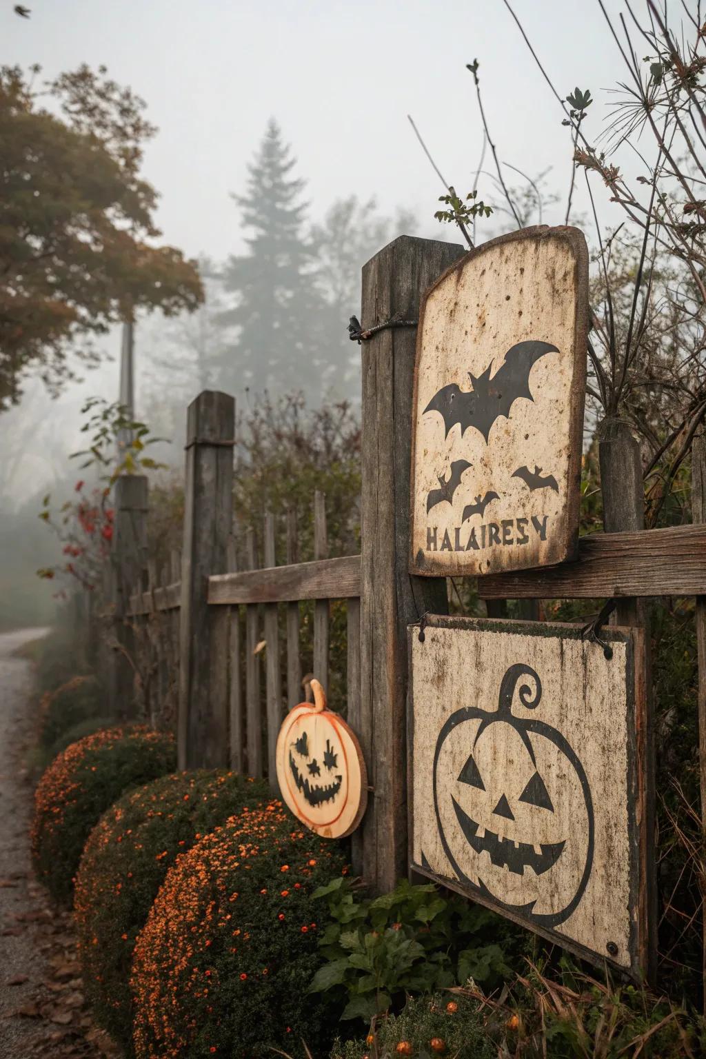 Vintage-inspired placards adding timeless beauty to Halloween decoration.
