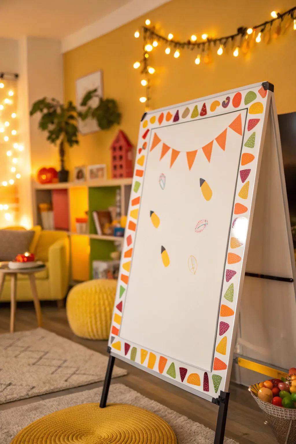 Bright candy corn motifs add a festive touch.