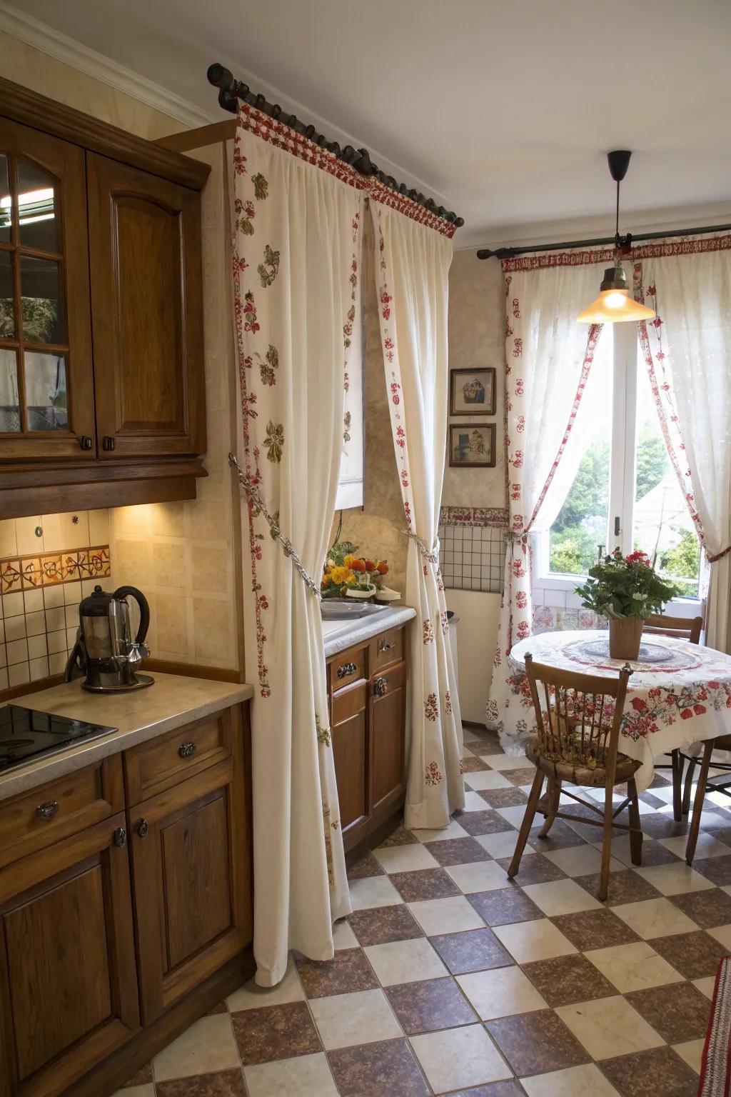 A handsaw creatively re-purposed as a pole for hanging drapes.