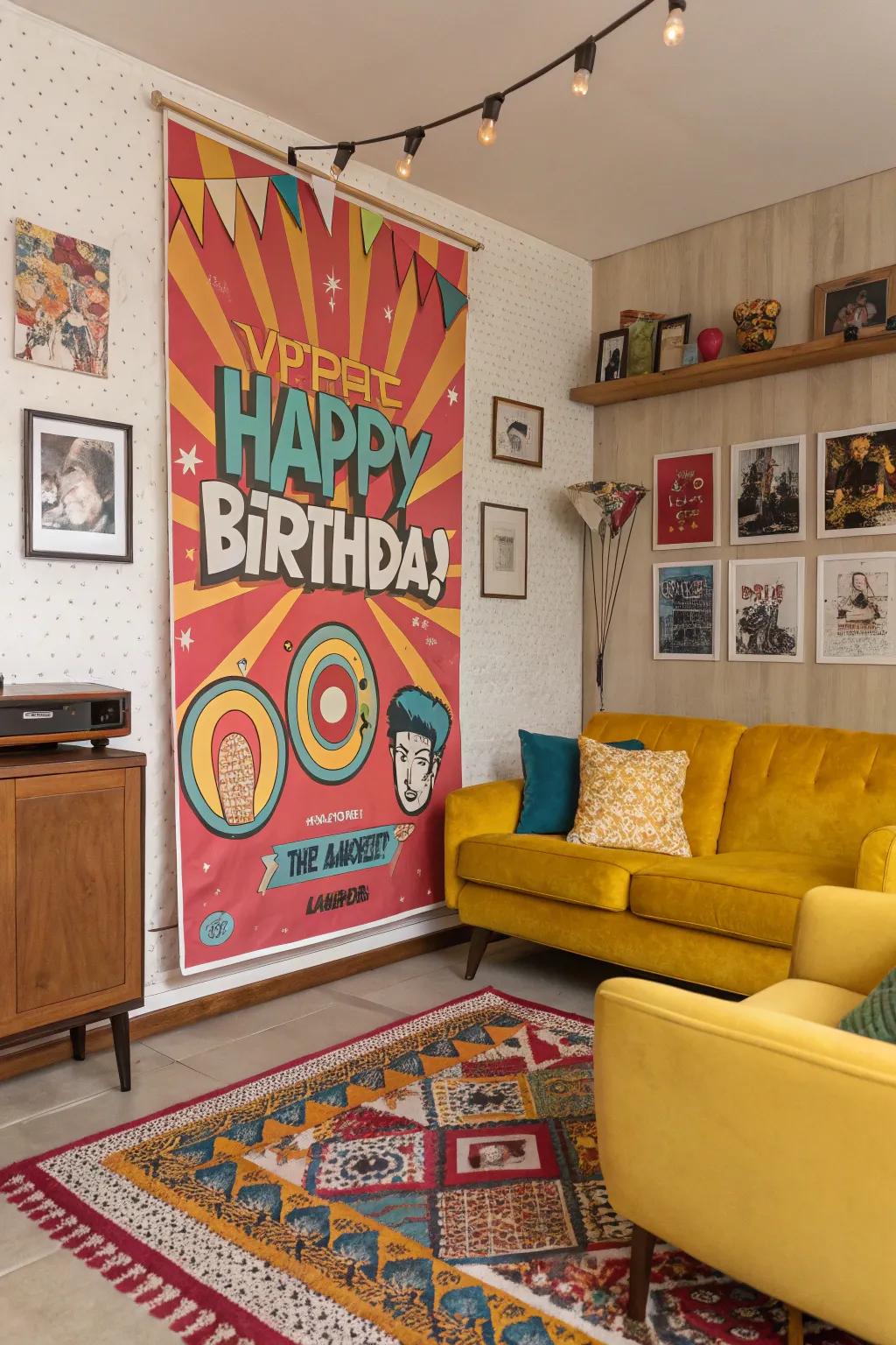 Retro pop artwork infuses bold flair into birthday displays.