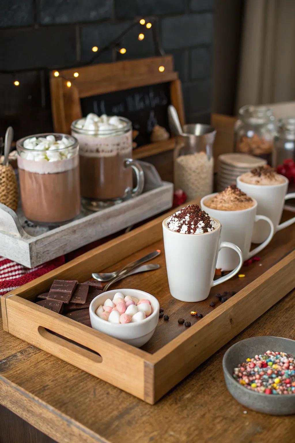 A comforting steaming cocoa station for snug socials.