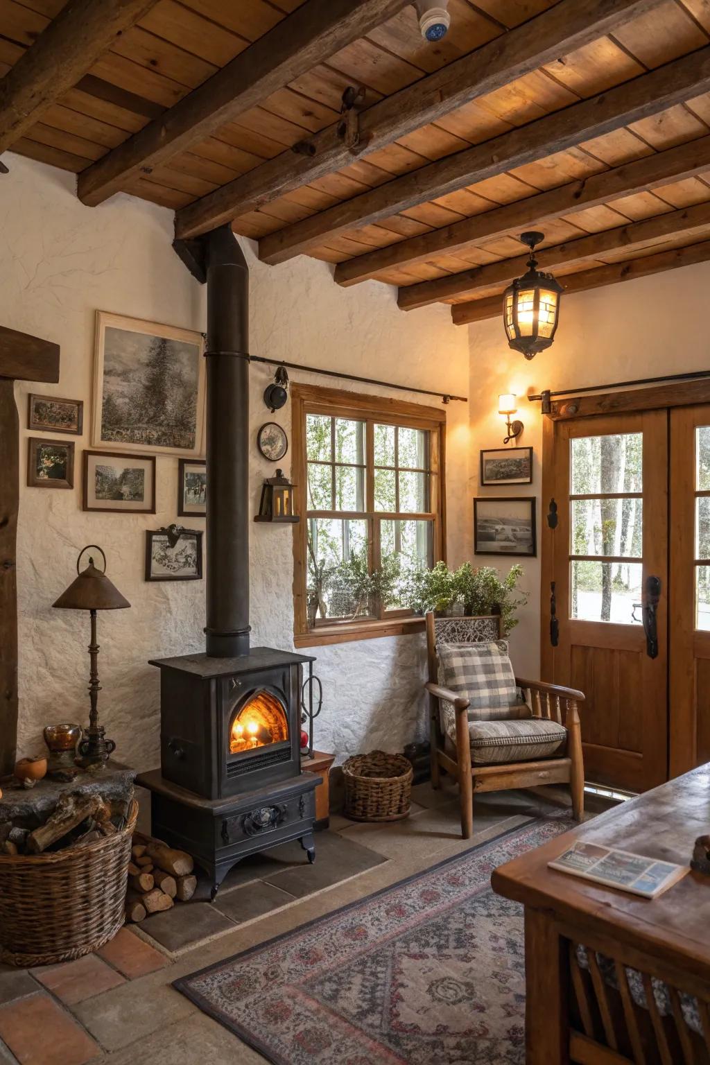 A rustic family room showing a smoke duct heater that improves the atmosphere and adds warmth.