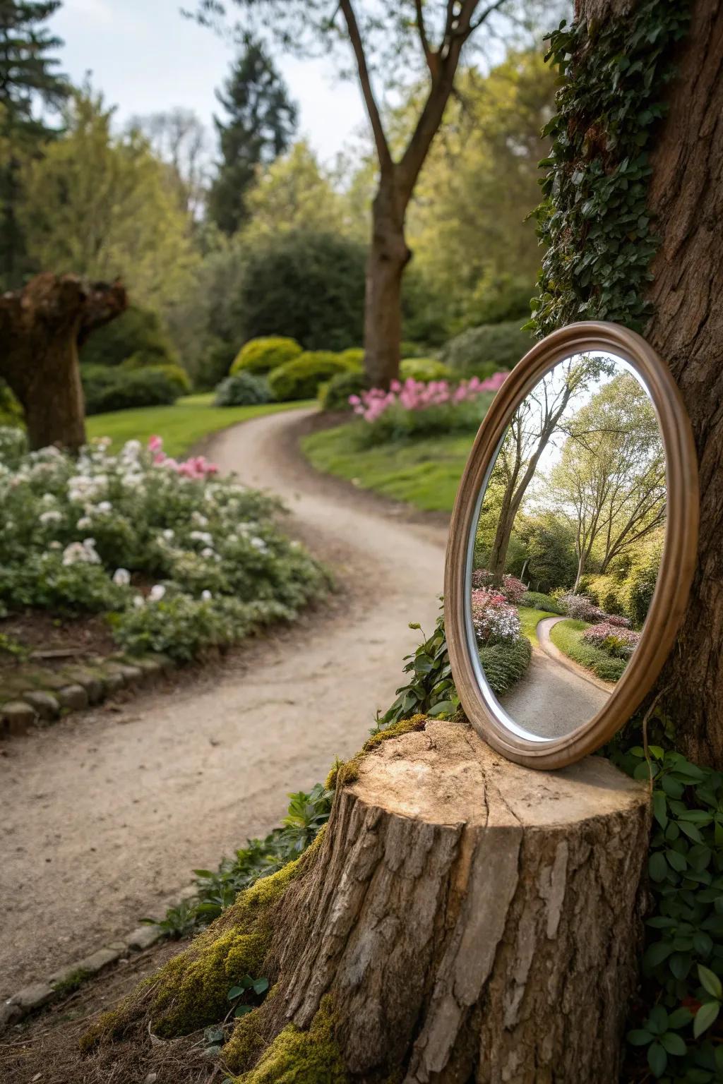 An outside mirror stand fixed to the tree base enhances the look of your garden.