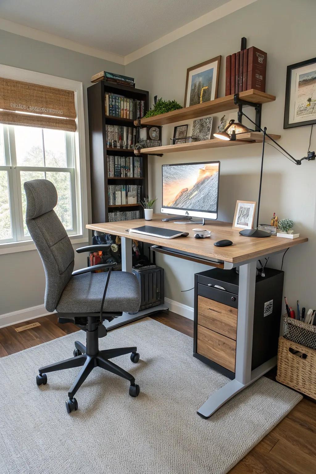 An adjustable workspace for a flexible and productive workday.