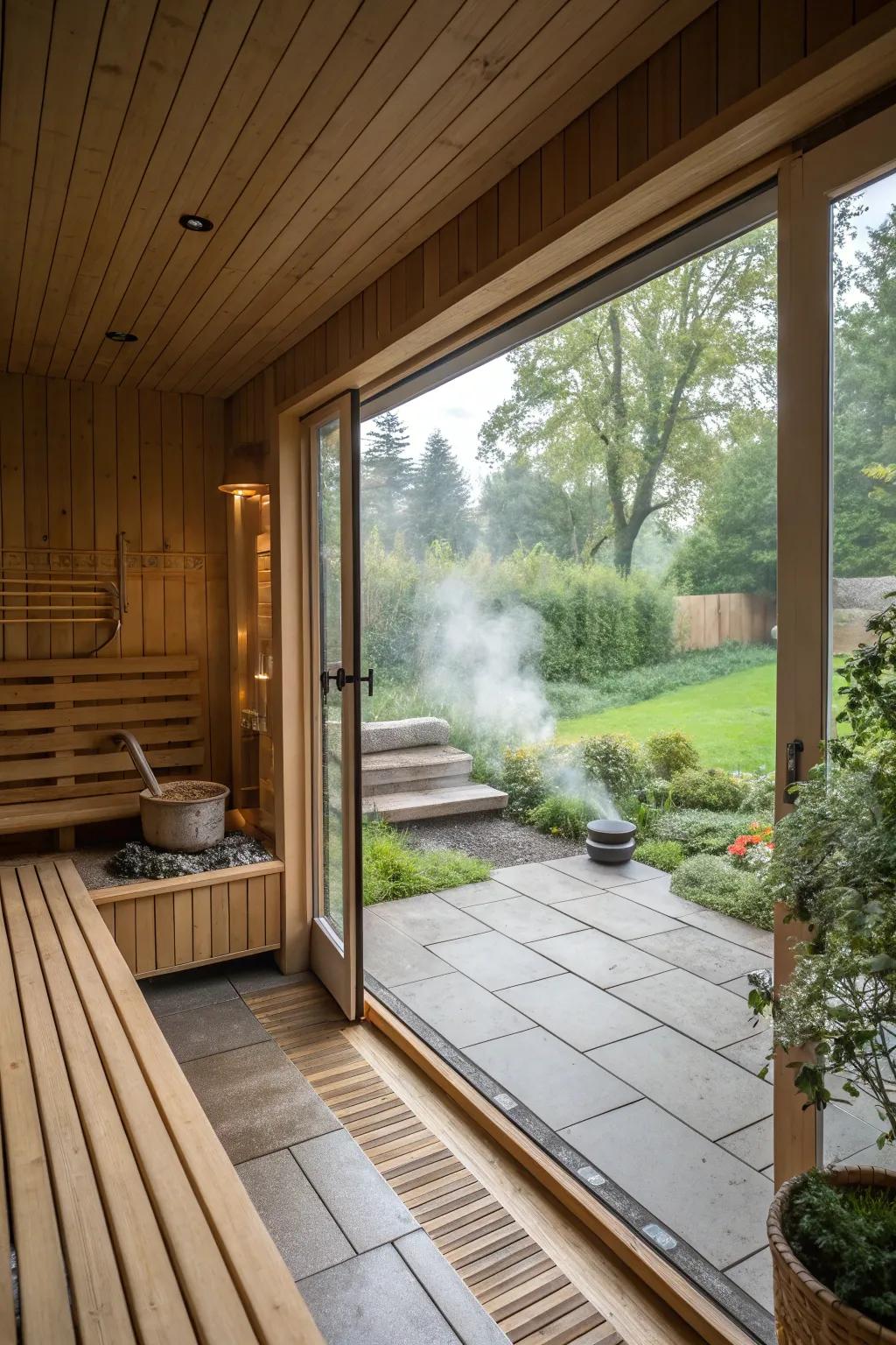 An interior-exterior transition enhances the natural feel of this sauna.