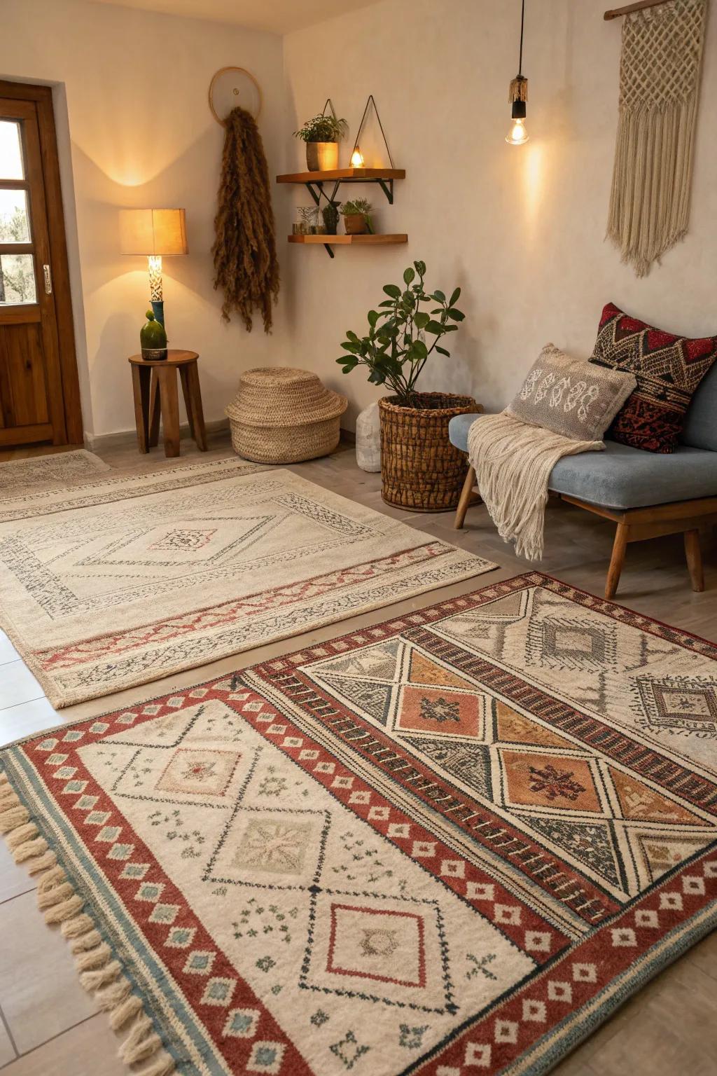 Layering floor coverings appends depth and texture to the decor.
