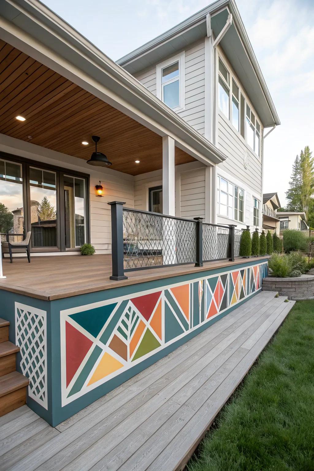 Geometric mosaics layer a modern swirl to the skirting.