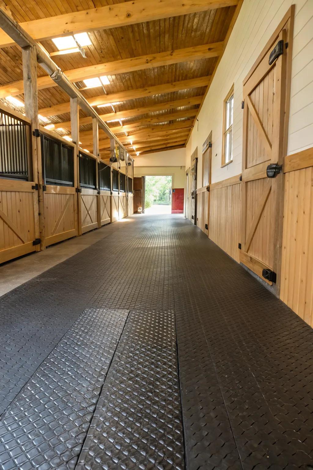 Rubber tiles give a strong and comfy flooring choice for barn routes.
