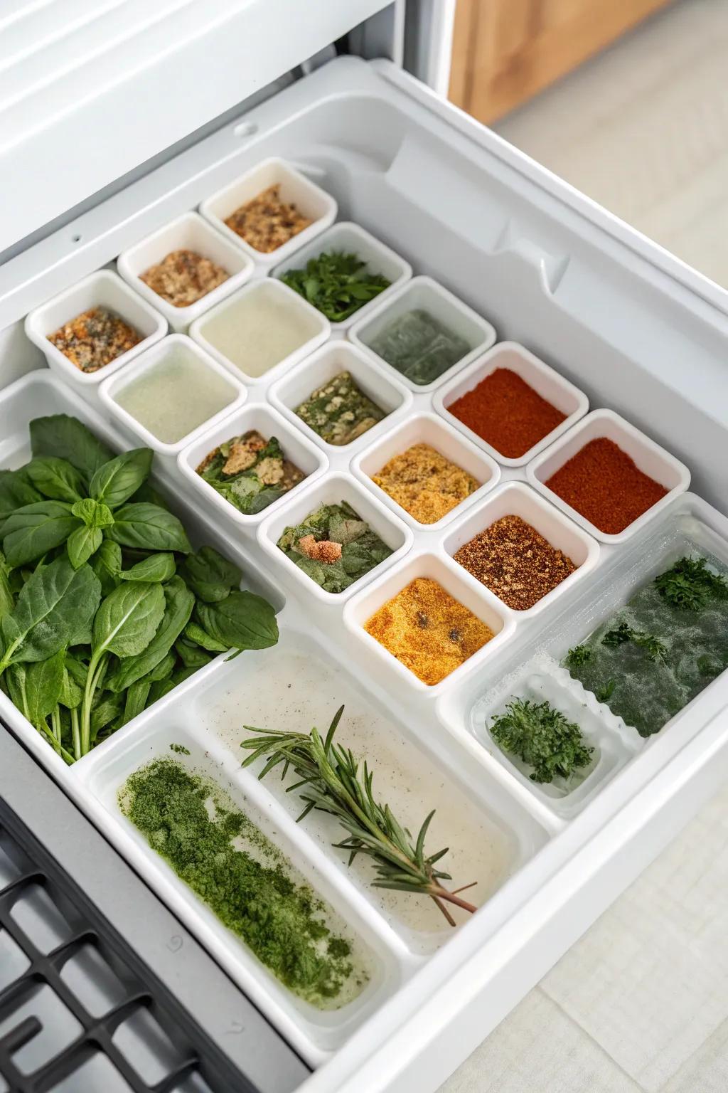 Freezing herbs and spices in ice cube trays helps with convenience.